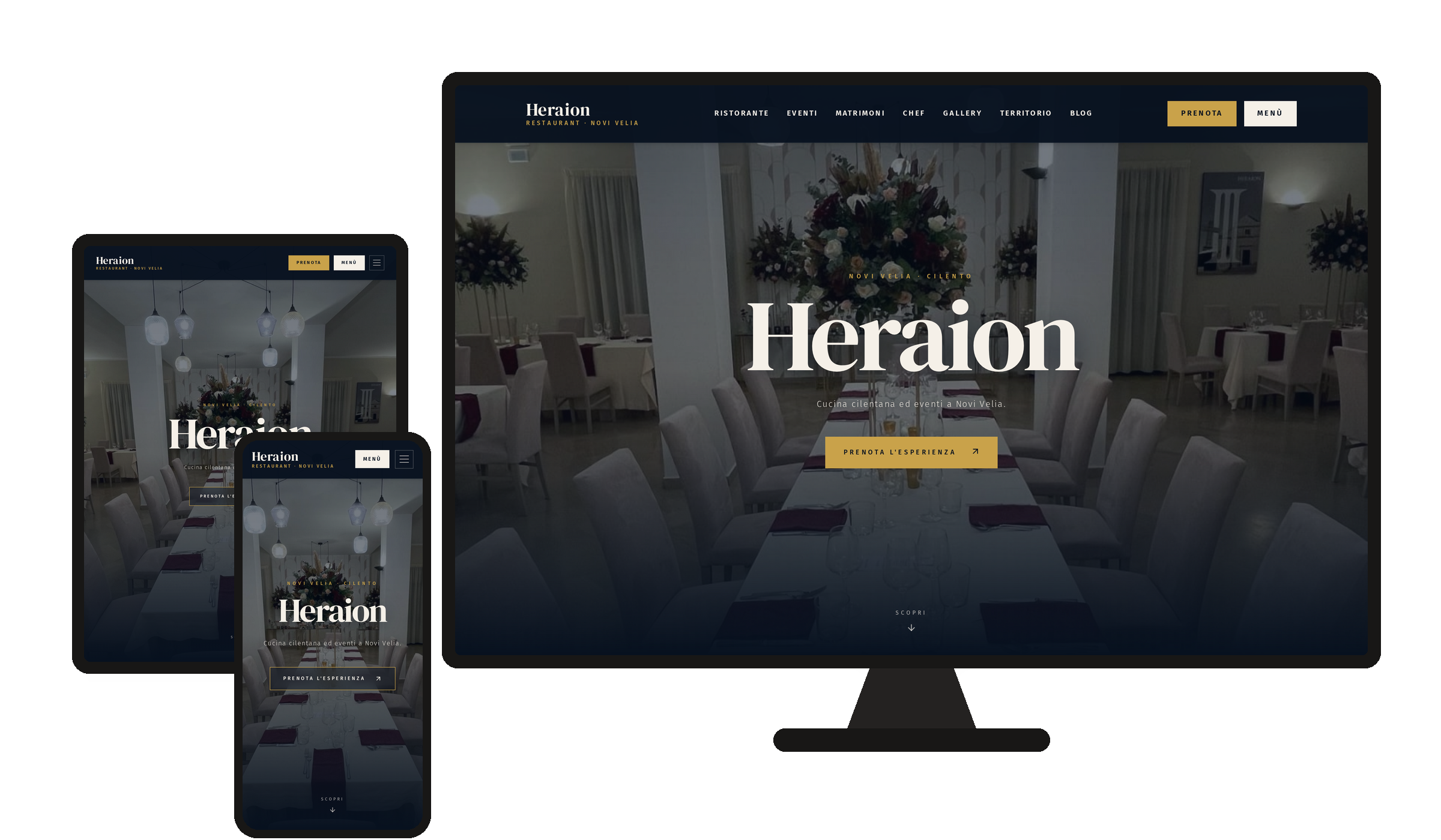 Website Heraion Restaurant Novi Velia auf Desktop, Tablet und Smartphone