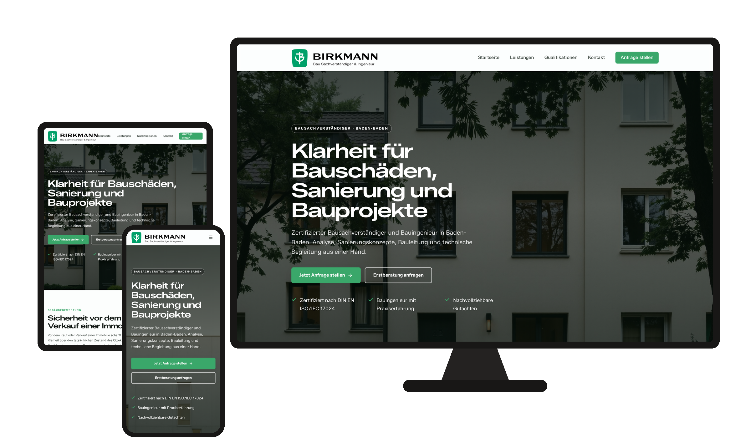 Website Birkmann Bausachverständiger auf Desktop, Tablet und Smartphone