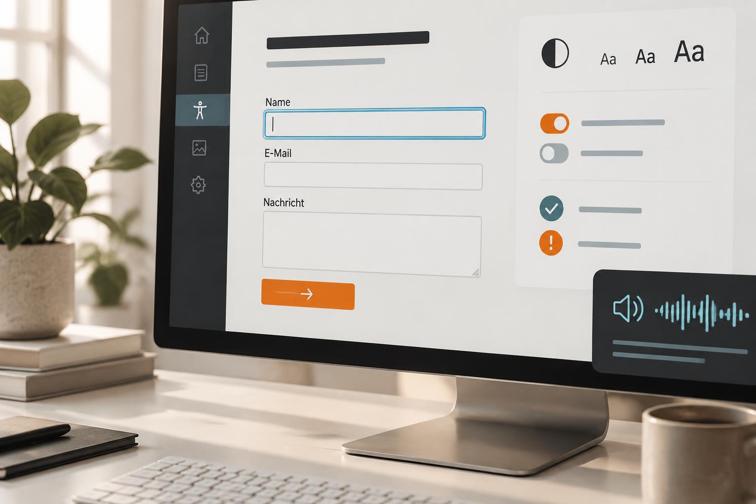 Barrierefreies Web-Interface mit kontrastreichen Bedienelementen und sichtbarer Tastatur-Fokusführung