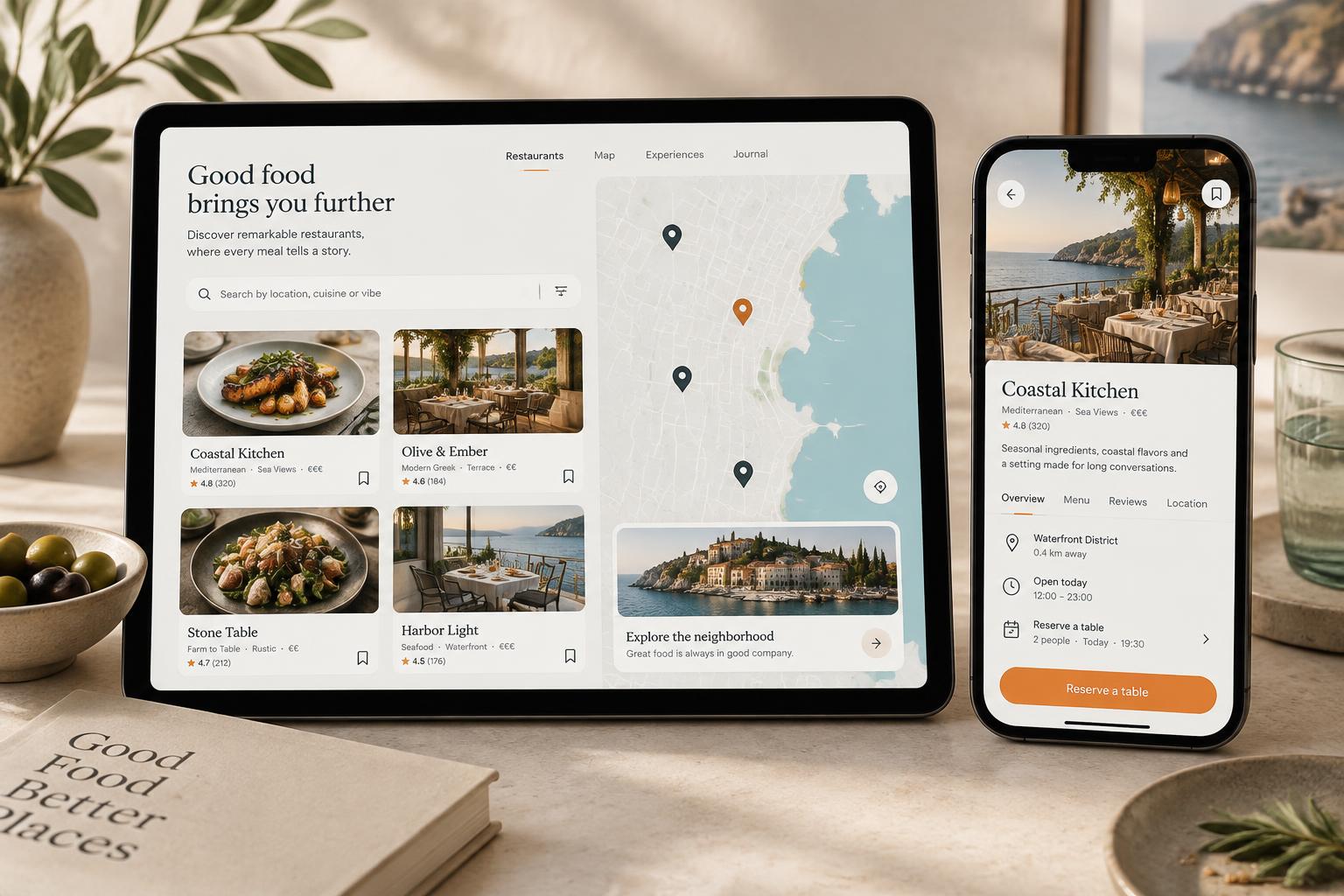 Digitale Gastronomie-Plattform mit Restaurantprofil, Speisekarte und Standortübersicht