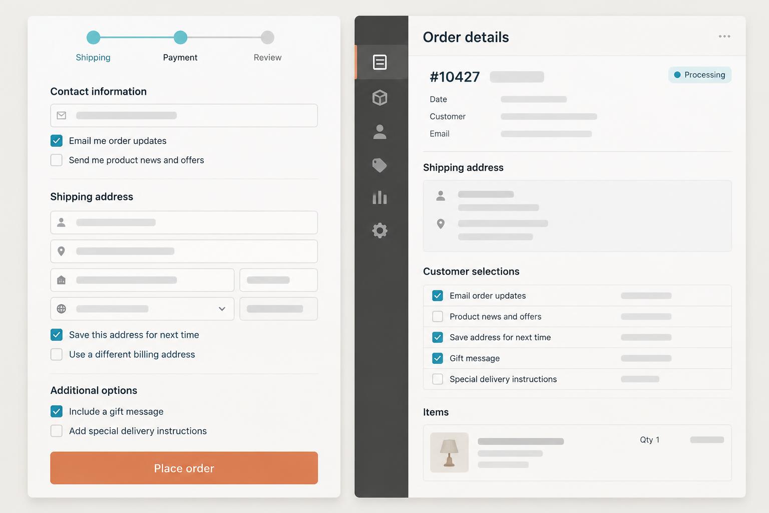 Onlineshop-Checkout mit benutzerdefinierten Checkboxen und zugehöriger Bestellansicht
